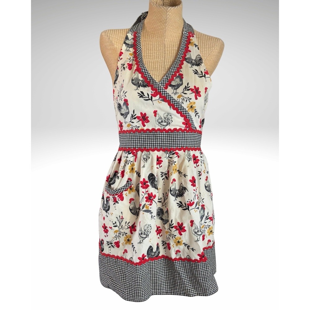 Kitchen Apron Bib Pocket Adjustable Country Rooster Chicken Black Gingham Cute